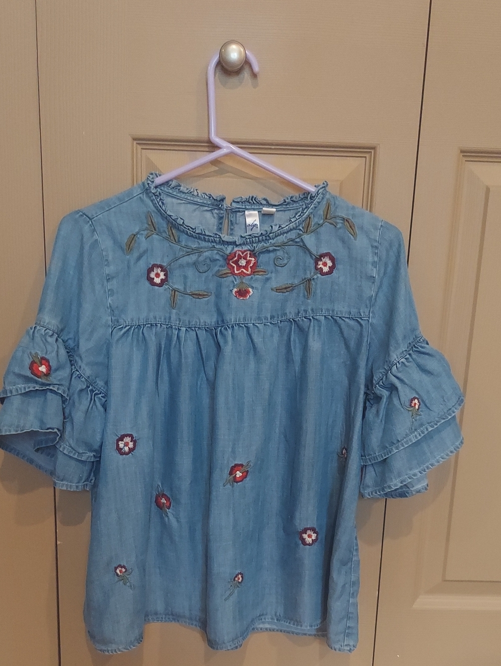 Denim Style Embroidered Ruffle Top